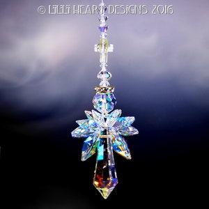 Swarovski Crystal Suncatcher The Original Crystal Guardian ANGEL WITH CROSS 10 Winged Aurora Borealis Suncatcher Lilli Heart Designs