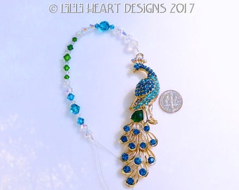 Beautiful Large Rhinestone Studded Peacock with Long Swarovski Crystal Beaded Strand Suncatcher for Home Decor by Lilli Heart Designs