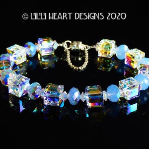 Swarovski Crystal Bracelet LARGE Aurora Borealis Cube Beads Mixed with Air Blue Opal AB  Rondelles for Dressy or Jeans Lilli Heart Designs