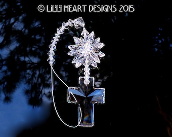 Swarovski Crystal Suncatcher BIG CLEAR CROSS with Lily Logo Etched Octagon Star Top Car Charm Suncatcher for Home or Car Lilli Heart Designs