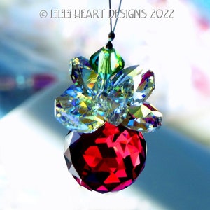 Swarovski Crystal Suncatcher 20mm Finest Ball Bordeaux RED Little Christmas Ornament or Car Charm Little AB Octagons Lilli Heart Design