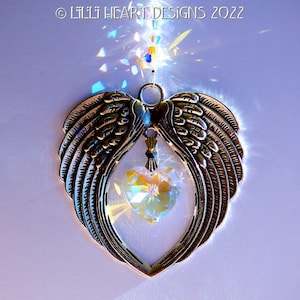 Swarovski Aurora Borealis 20mm Heart in Silver Plated Angel Wings Suncatcher for Home or Car Charm Aurora Borealis Beads Lilli Heart Designs