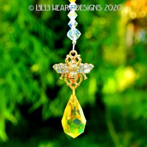 Swarovski Crystal Bee Suncatcher RARE Aurora Borealis Honey Drop Topaz Drop and Gold Plated Rhinestone Car Charm by Lilli Heart Designs