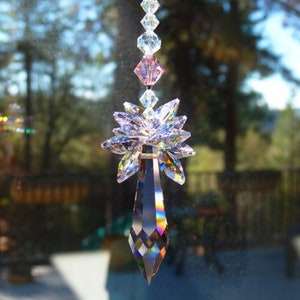 Swarovski Crystal Suncatcher BIG 50mm ROSALINE PINK Icicle Aurora and Pink Star Top Pendulum Ornament Car Charlm by Lilli Heart Designs