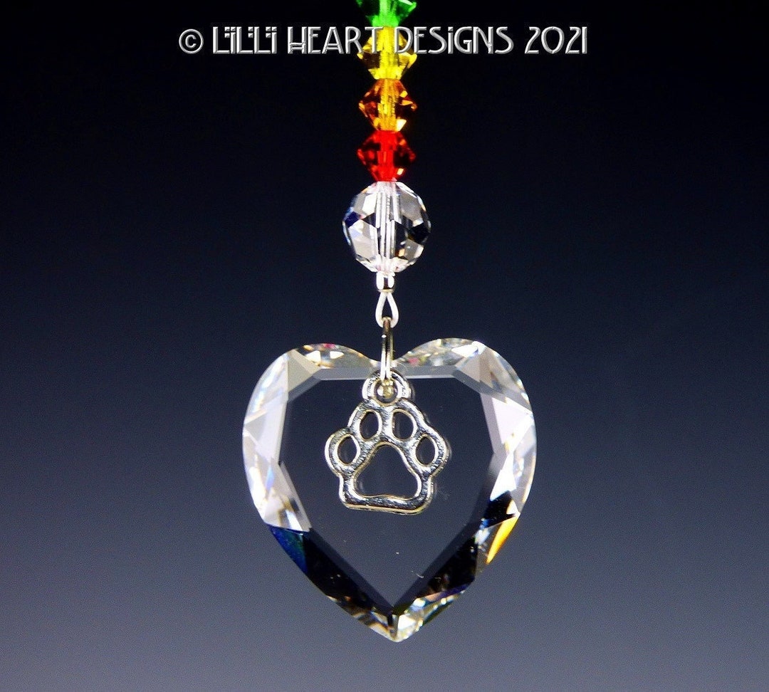 Rainbow Bridge Swarovski Crystal Faceted Heart With Paw Print Loss of ...
