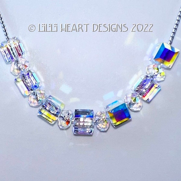New Swarovski Crystal Necklace AURORA BOREALIS CUBE Beads Mixed with Aurora Borealis Rondelles for Dressy or Jeans Lilli Heart Designs