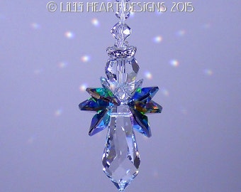 May include: A crystal angel suncatcher with iridescent blue and green wings. The angel is hanging from a silver chain and has a clear crystal body.