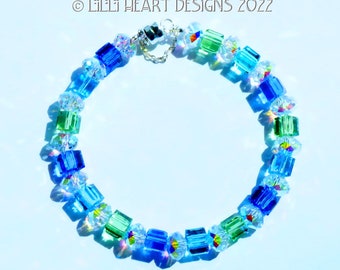 Swarovski Crystal Bracelet OCEAN COLORS Cube Beads Mixed with Aurora Borealis Rondelles for Dressy or Jeans Lilli Heart Designs