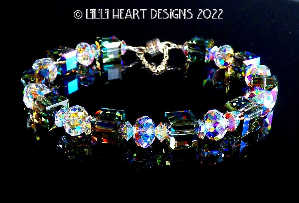 Swarovski Crystal Bracelet Aurora Borealis LARGE Cube Beads Mixed with  Sparkly Faceted Rondelles for Dressy or Jeans Lilli Heart Designs