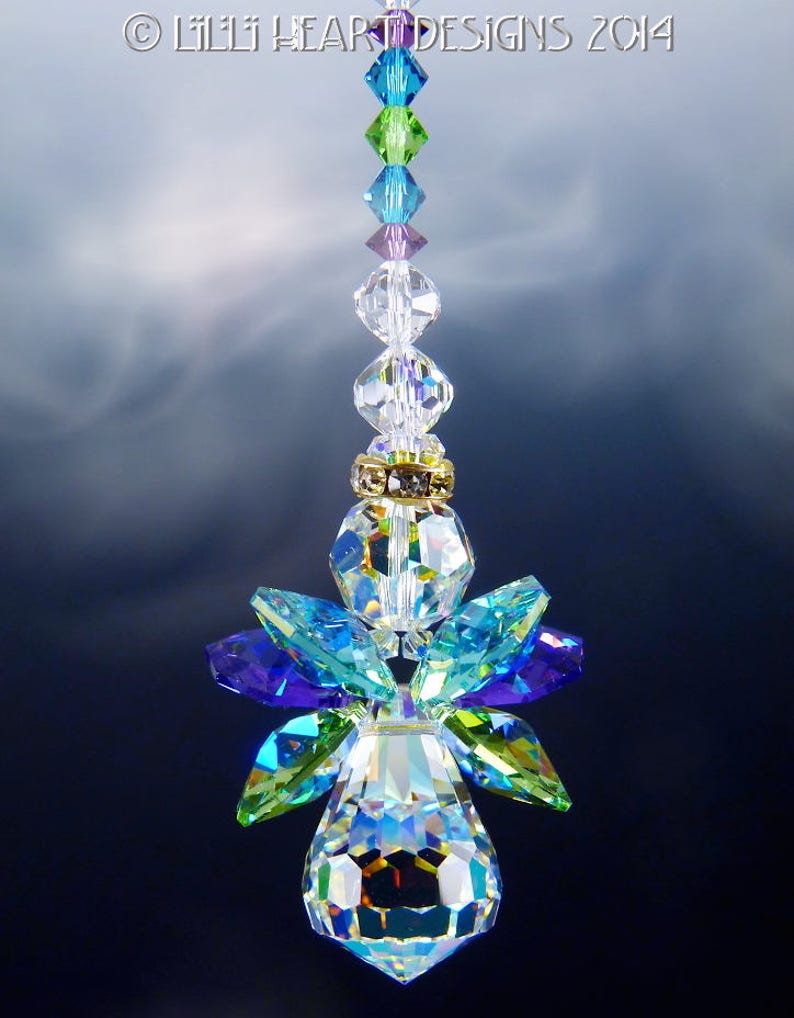 Swarovski Crystal Suncatcher Original PEACOCK COLORS ANGEL Made with Rare Vintage Aurora Borealis Body and Wings Lilli Heart Designs image 7