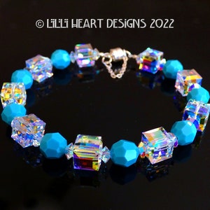 Swarovski Crystal Bracelet BIG Aurora Borealis Cube Beads with RARE Vintage Turquoise Beads Sparkly for Dressy or Jeans Lilli Heart Designs