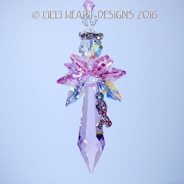 Swarovski Crystal Suncatcher Pink Breast Cancer Awareness Ribbon Big 50mm Body Angel Rare Wings, Butterflies Car Charm Lilli Heart Designs