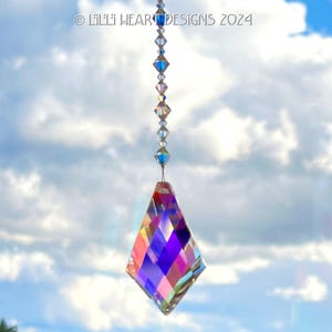 New! HUGE Vintage Swarovski Crystal Suncatcher Strass 63mm Diamond Kite Shape Logo Etched  Beaded AB Strand Window Prism Lilli Heart Designs