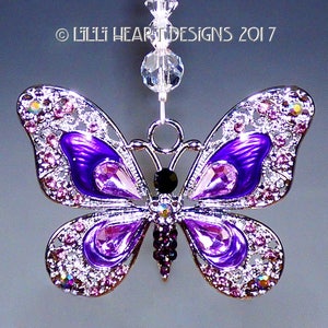 Swarovski and Enamel PURPLE RHINESTONE BUTTERFLY with  Butterfly Beaded Strand Silver Plated Suncatcher Car Charm Lilli Heart Designs