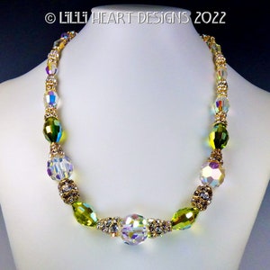 VINTAGE BIG Swarovski Crystal Rare Gold Beaded Necklace Olivine Aurora Borealis  Sparkly Elegant Dressy or Jeans Lilli Heart Designs