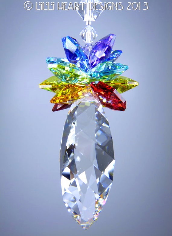 Swarovski Crystal Suncatcher LARGE Angel Aurora Borealis Body and Colorful  7 Healing CHAKRA Colored Wings Car Charm Lilli Heart Designs 
