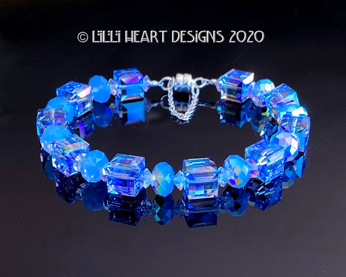 Swarovski Crystal Bracelet LARGE Lt. Sapphire AB Cube Beads Mixed
