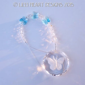 Crystal Butterfly Disk Clear Etched Faceted with Swarovski Aqua Butterflies Strand Suncatcher Car Charm Home Decor Lilli Heart Designs