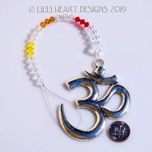 Swarovski Crystal Strand Big 3&quot; Pewter Suncatcher Om Sign with Car Charm Ornament Buddhist Colors with Clear Home Decor Lilli Heart Designs