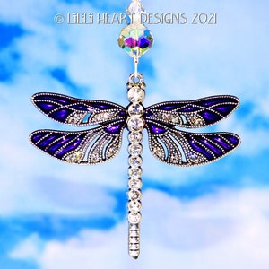 BIG LILA Libelle mit Swarovski Perlen Strang versilbert Emaille BIG Libelle Rückspiegel Autoanhänger Lilli Heart Designs
