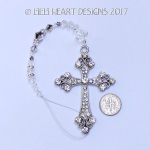 Swarovski Crystal Cross Big 3 Inch RHINESTONE STUDDED CROSS Beaded Strand Vintage Look Car Charm Suncatcher Ornament Lilli Heart Designs