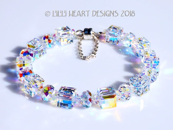 Swarovski Crystal Bracelet Aurora Borealis LARGE Cube Beads Mixed with  Sparkly Faceted Rondelles for Dressy or Jeans Lilli Heart Designs