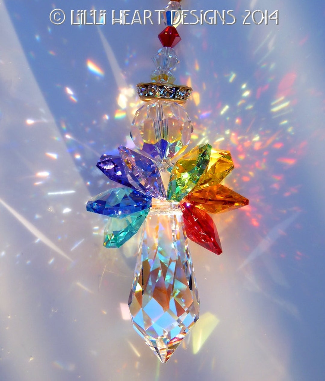 Swarovski Crystal Suncatcher LARGE Angel Aurora Borealis Body and Colorful  7 Healing CHAKRA Colored Wings Car Charm Lilli Heart Designs 