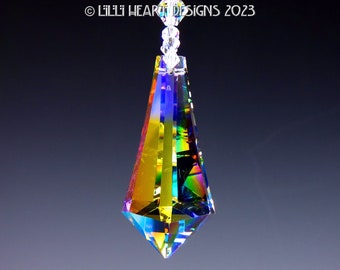 Swarovski Crystal Suncatcher sehr seltene AURORA BOREALIS Vintage 50mm Triangle Logo Etched Prism Rainbow Maker Auto Charm Lilli Heart Designs