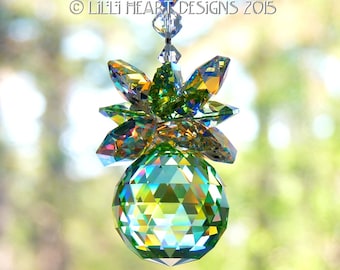 Swarovski Crystal Suncatcher Pineapple 30mm Ball Peridot Green Housewarming Gift Home Decor with Large AB RARE Leaves by Lilli Heart Designs