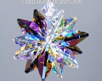 Swarovski Crystal Suncatcher RARE Bermuda Blue Coated Octagons Aurora Borealis Lt. Edition Star Car Charm Ornament Lilli Heart Designs