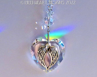 Swarovski Crystal 28mm Faceted Retired Heart with Angel Wings Charm in Silver or Gold Color Suncatcher Car Charm by Lilli Heart Designs