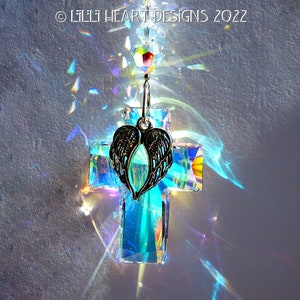 NEW! Swarovski Crystal Suncatcher Aurora Borealis CROSS with Angel Wings 40mm Large Cross Car Charm or Window Decor by Lilli Heart Designs