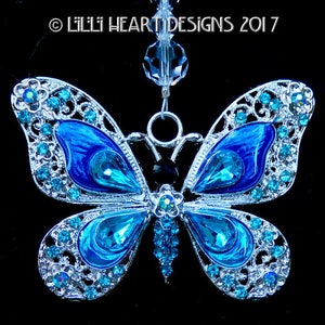 BLUE RHINESTONE BUTTERFLY With Enamel and Swarovski Beaded Strand