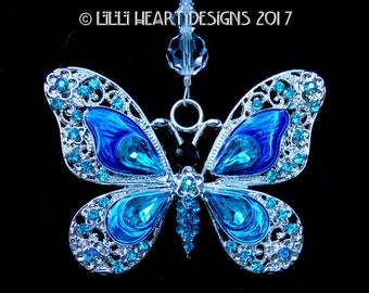 BLUE RHINESTONE BUTTERFLY with Enamel and Swarovski Beaded Strand Silver Plated Suncatcher Rear Mirror Car Charm Lilli Heart Designs