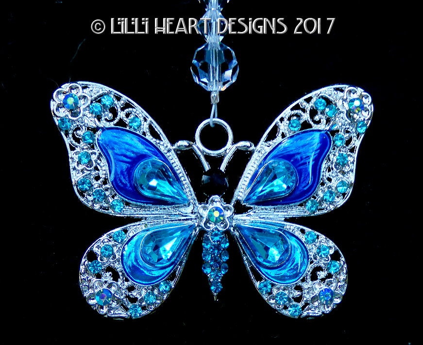 BLUE RHINESTONE BUTTERFLY With Enamel and Swarovski Beaded Strand