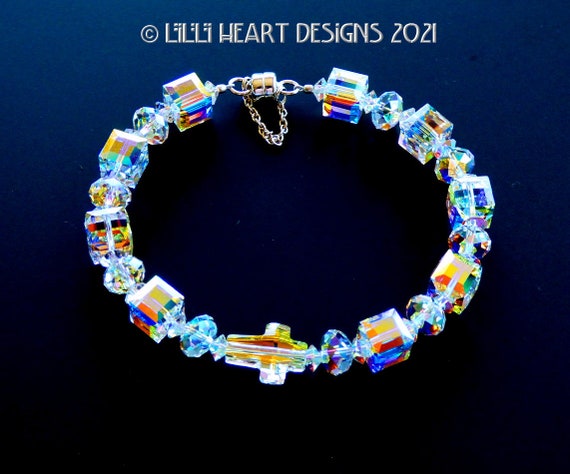 Swarovski Crystal CROSS Bracelet LARGE Aurora Borealis Cube Beads Mixed With Sparkly Faceted Rondelles Dressy or Jeans Lilli Heart Designs Etsy UK