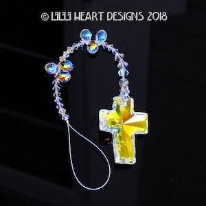 Swarovski Crystal Suncatcher 40mm Large Aurora Borealis Cross Rear View Mirror Charm with 6 AB 10mm 6002 Drops by Lilli Heart Designs