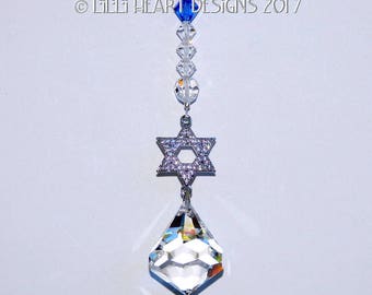 Hanukkah Dreidel Suncatcher Swarovski Crystal 30mm  Micro Pave Judaica Star of David Sapphire Beads Suncatcher Car Charm Lilli Heart Designs