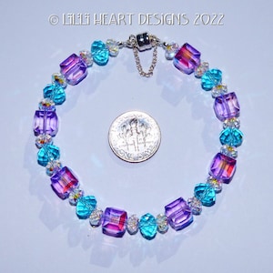 Swarovski Crystal Bracelet LARGE Aurora Borealis Violet Cube Beads + Aqua Faceted Rondelles and AB for Dressy or Jeans Lilli Heart Designs