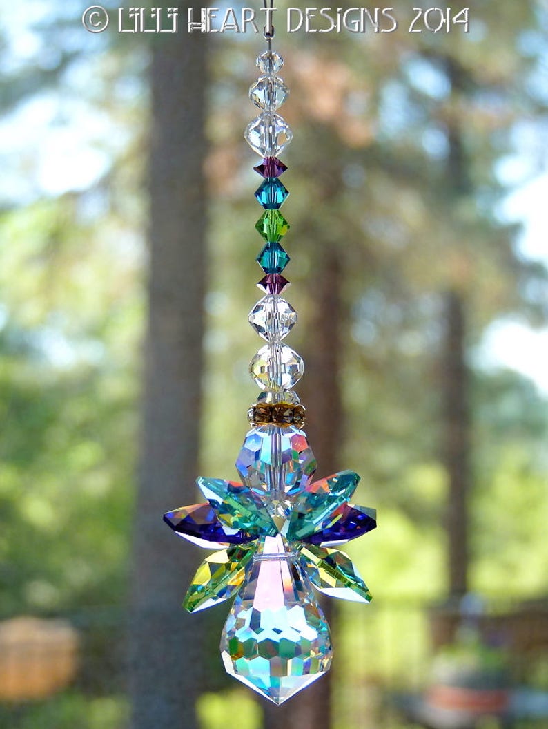 Swarovski Crystal Suncatcher Original PEACOCK COLORS ANGEL Made with Rare Vintage Aurora Borealis Body and Wings Lilli Heart Designs image 6