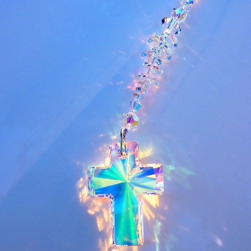 Swarovski Crystal Cross 40mm Large Aurora Borealis Suncatcher or