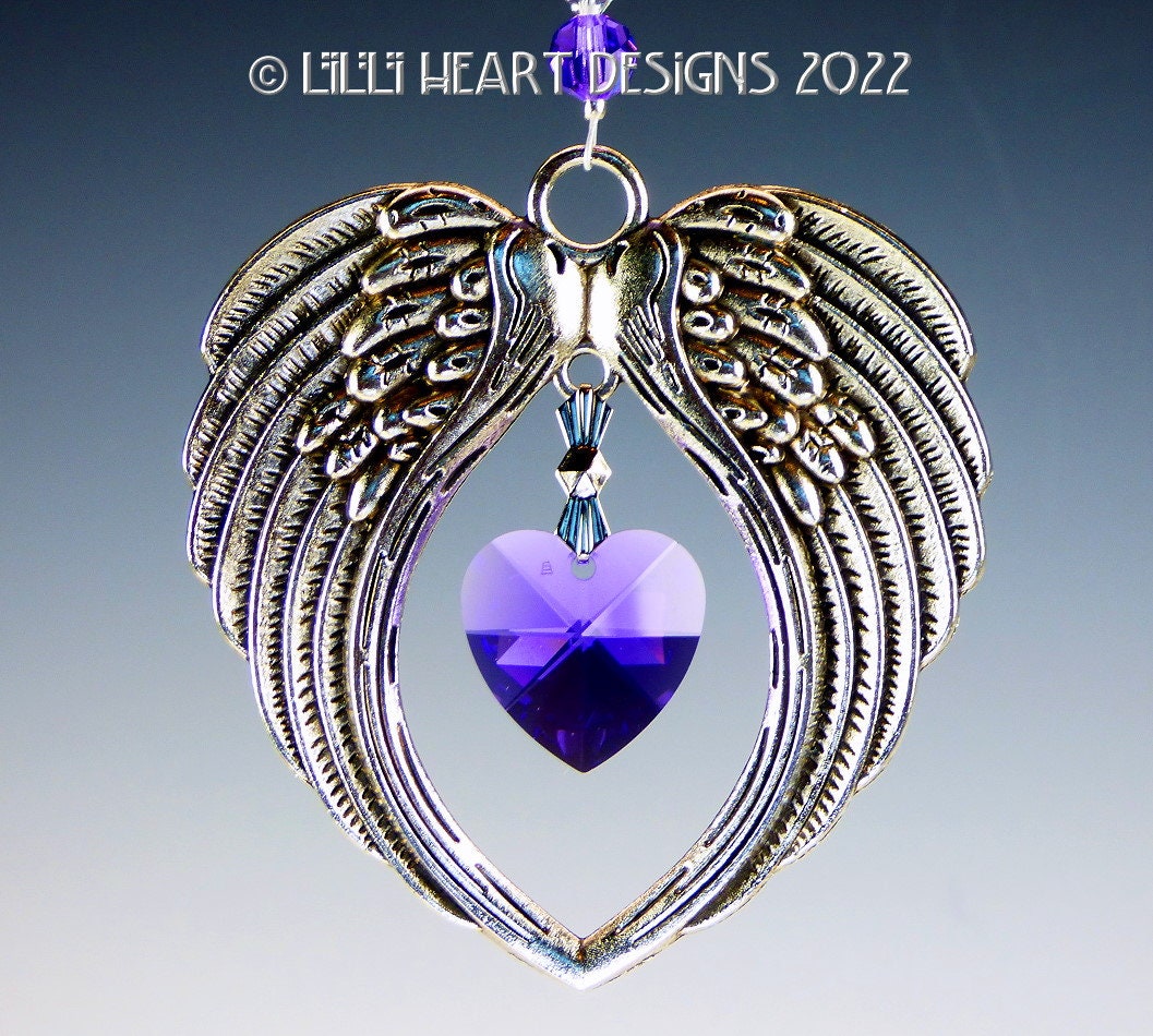 for 20mm or Lilli Suncatcher HEART Wings Etsy Home Heart Car Plated Silver Retired Swarovski Angel in Logo RARE - Charm Designs Beads PURPLE