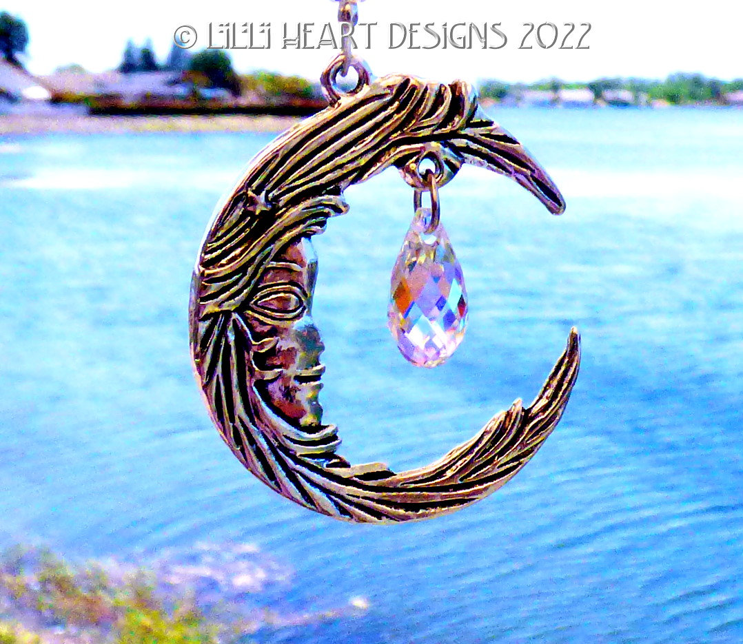 Swarovski Crystal Strand Pewter Suncatcher MAN in the MOON Car Charm Window Ornament Lilli Heart Designs