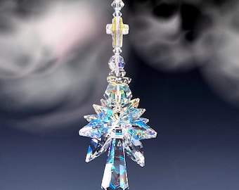 Swarovski Crystal Suncatcher The Original Crystal Guardian ANGEL WITH CROSS 10 Winged Aurora + Clear Octagons By Lilli Heart Designs