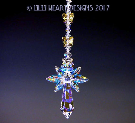 Swarovski Crystal Suncatcher Big Aurora Borealis Butterfly Guardian Angel Triple Wings Etched Suncatcher Car Charm Lilli Heart Designs