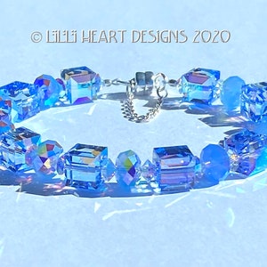 Swarovski Crystal Bracelet LARGE Lt. Sapphire AB Cube Beads Mixed with Air Blue Opal AB  Rondelles for Dressy or Jeans Lilli Heart Designs