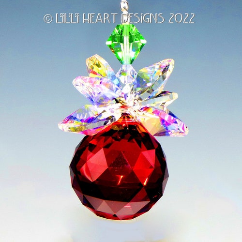 Swarovski Crystal Suncatcher 20mm Finest Ball Bordeaux RED Little Christmas Ornament or Car Charm Little AB Octagons Lilli Heart Design