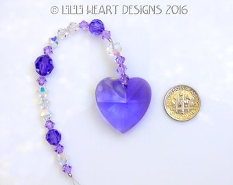 Swarovski Crystal Suncatcher VINTAGE Logo Etched Blue Violet Purple Heart Suncatcher with Rare Vintage Beads Car Charm Lilli Heart Designs