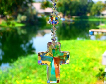 Swarovski Crystal Cross 40mm Large Aurora Borealis Suncatcher or
