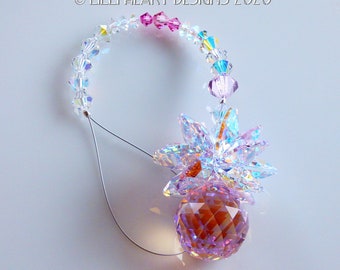 Swarovski Crystal Suncatcher RARE Aurora Borealis Rosaline Pink 20mm Pineapple AB Pink and AB Leaves Car Charm Rainbows Lilli Heart Designs